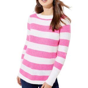 LOFT Pink and White Striped Fuzzy Warm Textured Shirttail Sweater Size Large